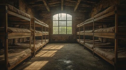 Rows of empty bunk beds in a deserted barracks room with sunlight streaming through the window