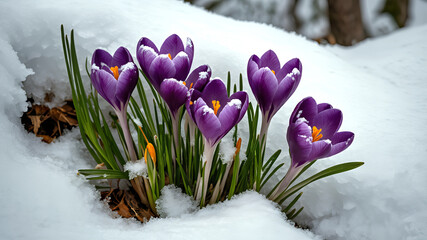 Purple Crocuses Emerging Through Snow
