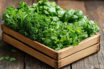 Fototapeta premium Fresh herbs and greens are neatly stacked in a wooden crate for sale