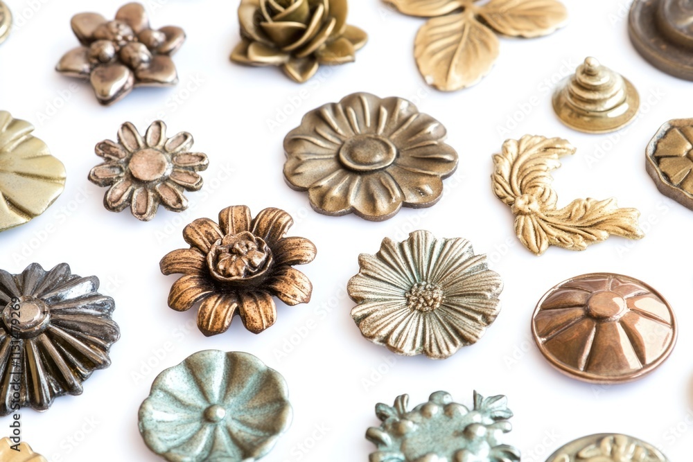 Poster close-up shot of various metal buttons arranged on a clean white surface, ideal for use in design an