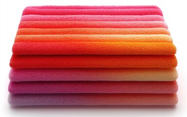 A colorful stack of fluffy towels arranged in a gradient from pink to orange