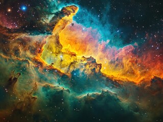 Fototapeta premium A colorful nebula radiates bright hues, surrounded by deep cosmic darkness