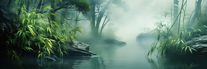 Fototapeta premium A tranquil river reflects fog and greenery during early morning light in the forest
