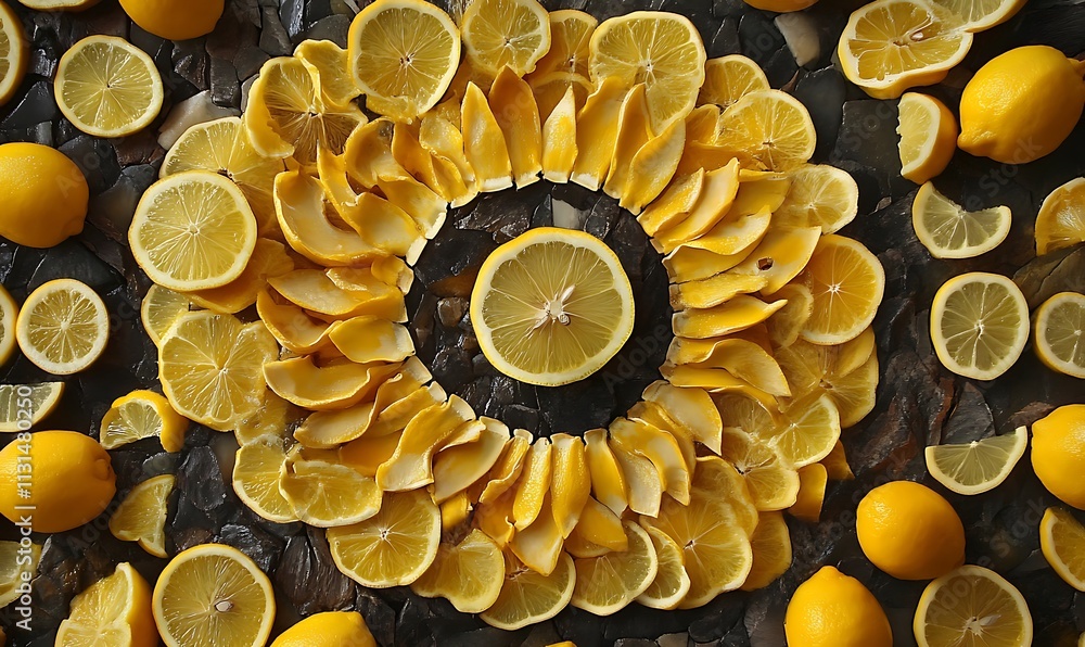 Poster lemon slices and peels arranged in a circular pattern