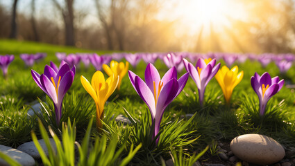 Un champ pittoresque de fleurs de crocus violettes et jaunes se prélassant dans la chaude lumière...