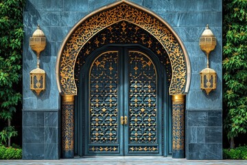 Obraz premium A large ornate door with intricate carvings and moldings, set within a stone building