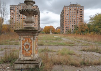 A crumbling city square overrun by nature, featuring neglected statues and towering buildings in...