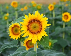 Fototapeta premium Close up of a single sunflower set in the foreground with a field of blurred sunflowers behind it.