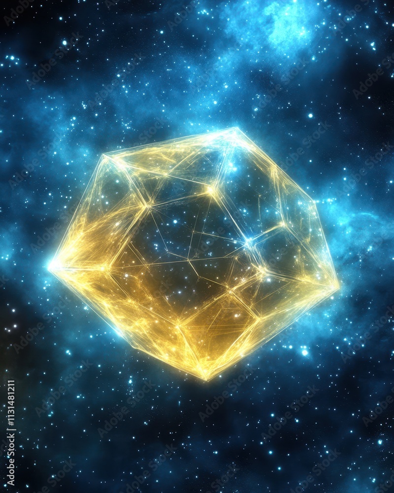 Aufkleber exploring the cosmos through the eyes of a shimmering golden dodecahedron in deep space