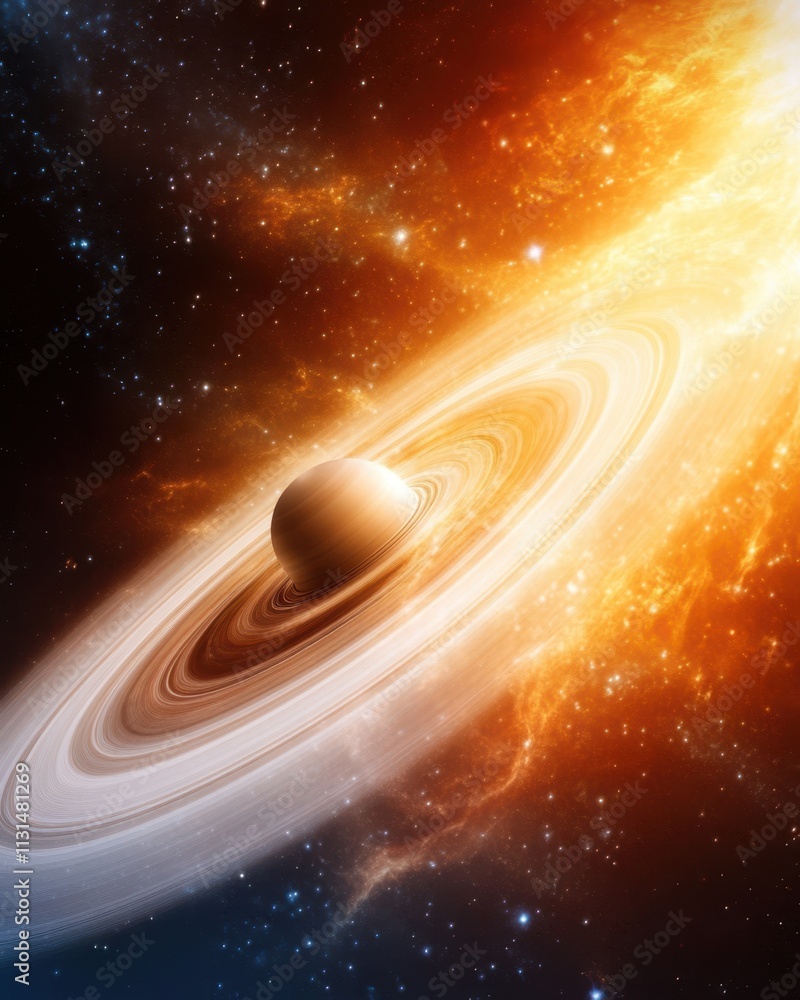 Poster exploring the breathtaking cosmic phenomena around a majestic planet in deep space