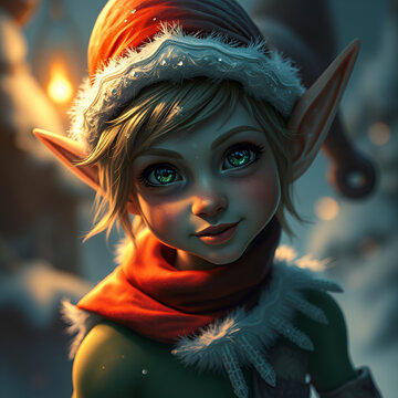 Christmas elf on North Pole background wearing red hat and scarf