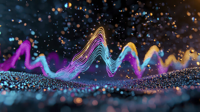 Dynamic sound wave visual with glowing multicolored patterns and sparkling particles creates mesmerizing effect. vibrant colors and fluid motion evoke sense of energy and creativity