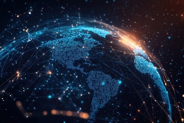 Digital technology background with a blue globe and binary code, representing the global network concept for online business or connectivity in the worldwide web Generative AI