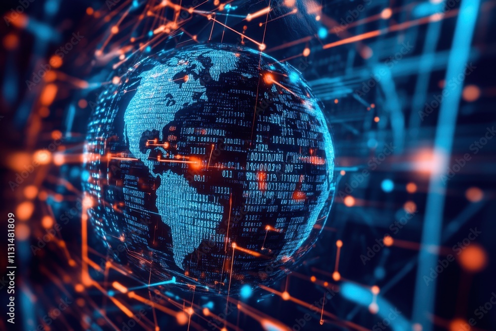 Poster digital technology background with a globe and binary code, symbolizing the global network and conne