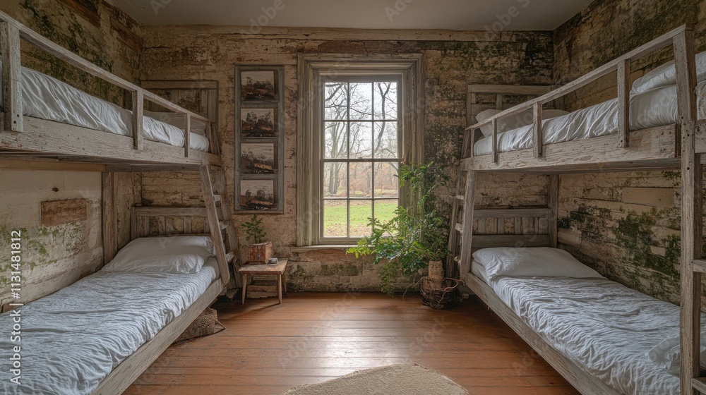 Poster rows of empty bunk beds in a deserted barracks room with natural light streaming through the window