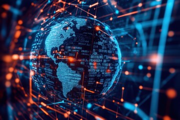 Digital technology background with a globe and binary code, symbolizing the global network and connectivity in the digital age, with a blue color theme Generative AI