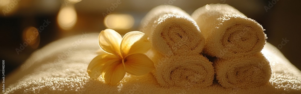 Poster soft towels are neatly stacked beside a fragrant flower in a serene spa setting, creating a peaceful