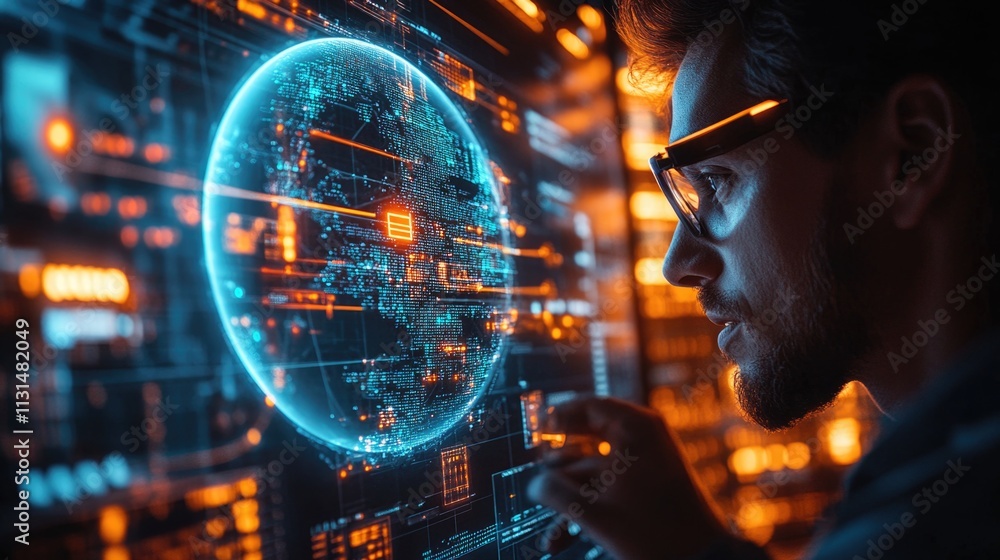 Poster a person wearing glasses sits in front of a computer screen, focused on the display