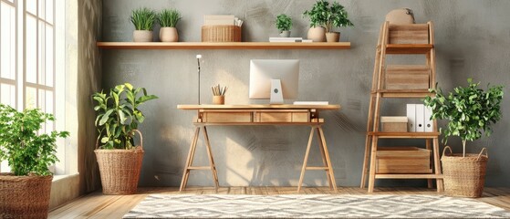 Modern Home Office Workspace With Plants And Wooden Furniture