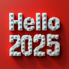 Happy New Year white text on a red background. Bricks Font