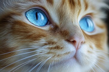 A clear shot of a domesticated cat's face, highlighting its striking blue eyes