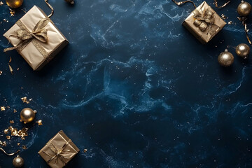 The Christmas background is dark blue and it features gift boxes and gold baubles. It is presented in a flat lay