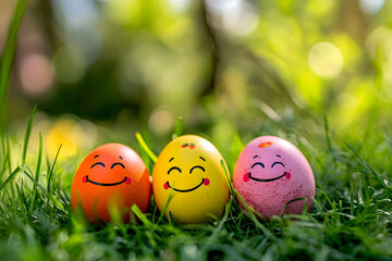 The joyful face of eggs on Easter day with a grassy backdrop4k image