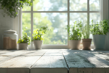 The kitchen summer window background is blurred, serving as the backdrop for a bleached wooden table top