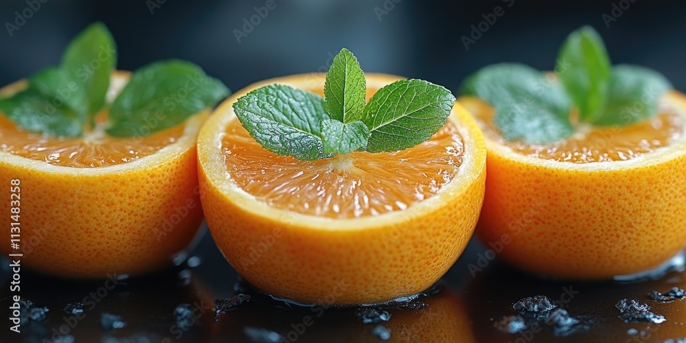 Poster close-up shot of three oranges placed on a table, highlighting their texture and color