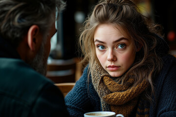 A man and a woman sitting at a table with a cup of coffee