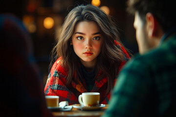 A woman sitting at a table with a cup of coffee in front of her