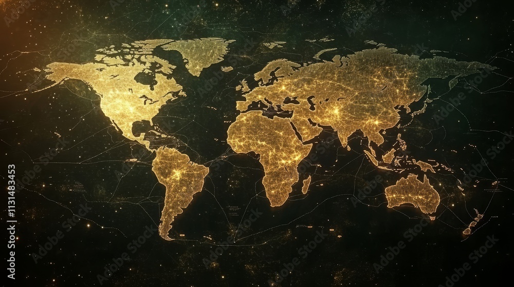 Poster world map on a tech background illustrating global internet and communication business concepts
