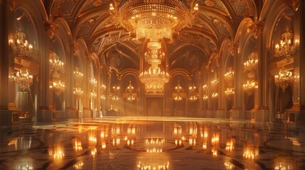 Obraz premium Grand ballroom interior with chandeliers, ornate architecture, and reflective floor.