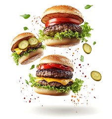 A dynamic shot of three perfectly grilled burgers floating in the air, with lettuce, tomato, pickles, and secret sauce splashing around them, all against a white background