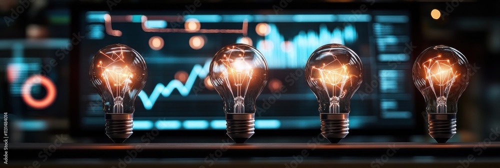 Poster A row of glowing light bulbs symbolizes innovative ideas against a backdrop of financial charts and data analytics, highlighting the blend of creativity and analysis that drives progress