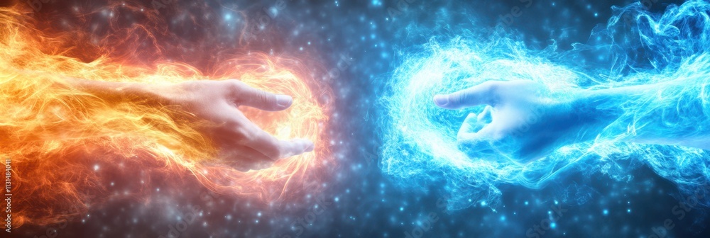 Poster Fiery Hands and Icy Hands Create a Cosmic Connection in a Vibrant Display of Power and Balance