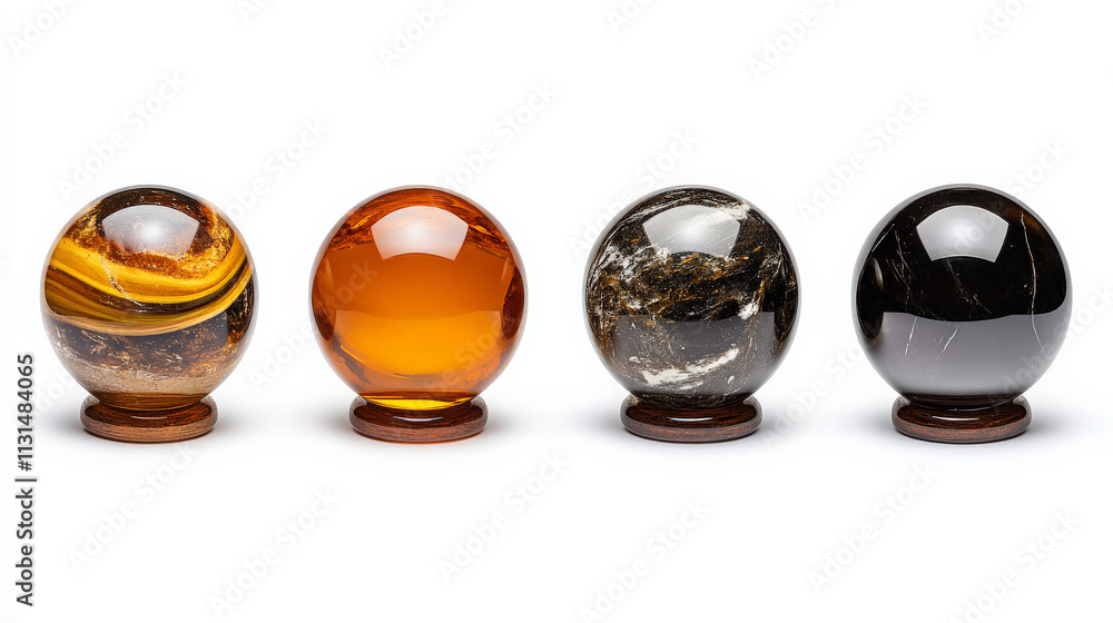 Poster spheres of serenity: four captivating, polished spheres, each with unique and mesmerizing patterns a