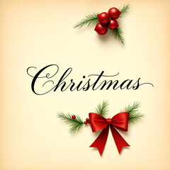 Christmas signature illustration on tan background with red bowtie and berries