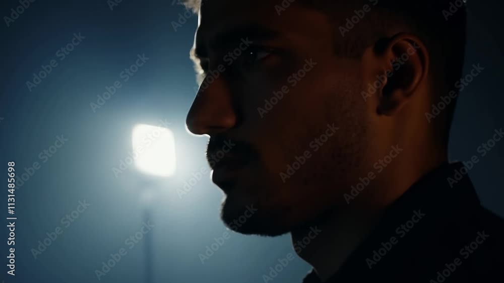 Poster man is standing in a dark room with a spotlight on him. he is wearing a black jacket and has a beard