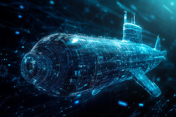 A glowing wireframe rendering of a bathyscaphe or submarine on a translucent background, featuring intricate futuristic details and highlighted by blue and black data points.

