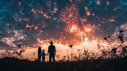 Fototapeta premium Silhouette Family Watching Fireworks at Sunset