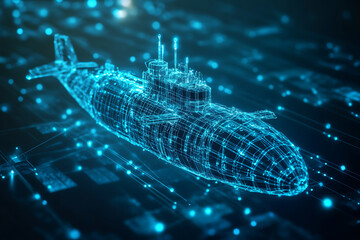 A glowing wireframe rendering of a bathyscaphe or submarine on a translucent background, featuring intricate futuristic details and highlighted by blue and black data points.

