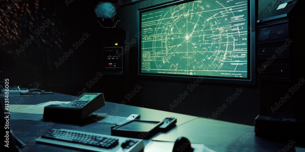 Poster a desk with a monitor and keyboard, perfect for working or studying