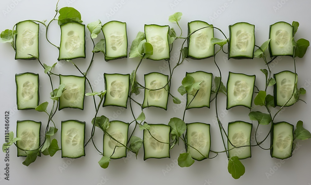 Poster cucumber slices arranged with green vines create a refreshing pattern