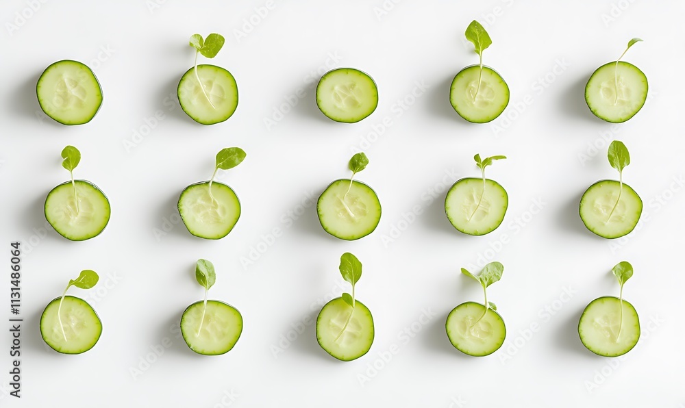 Poster cucumber slices arranged with sprouting plants