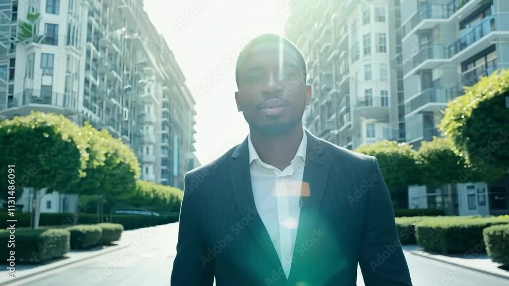 Aufkleber man in a suit and tie stands in front of a building. concept of professionalism and formality