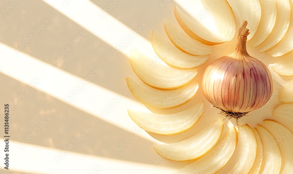 Poster sunlit onion and slices of melon displayed artfully