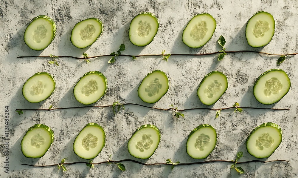 Poster sliced cucumbers arranged on a textured surface