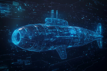 A glowing wireframe rendering of a bathyscaphe or submarine on a translucent background, featuring intricate futuristic details and highlighted by blue and black data points.

