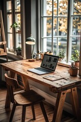 Fototapeta premium Rustic Wooden Desk Workspace Near Window With Laptop